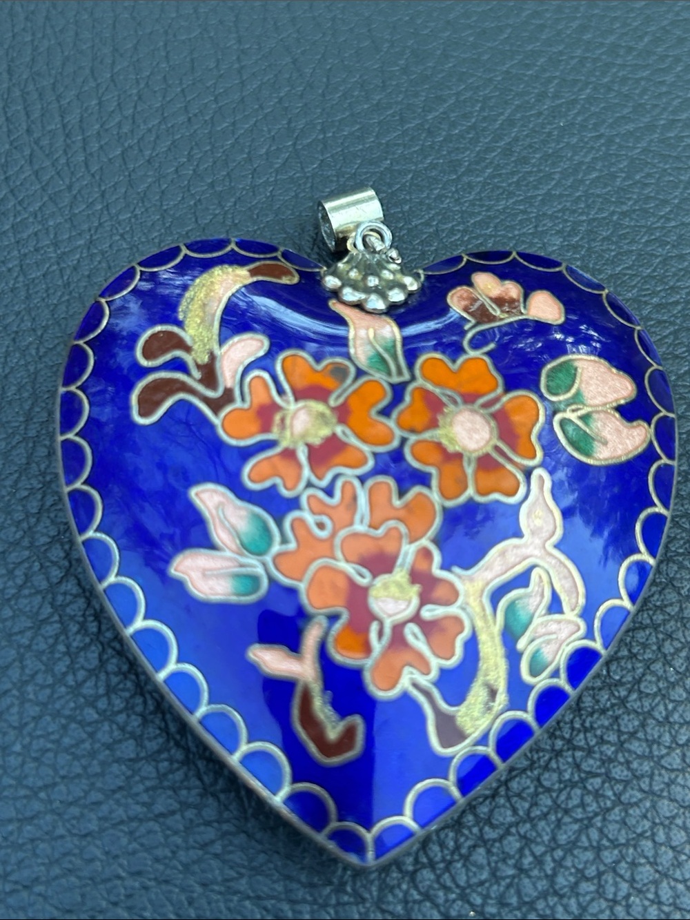 Vintage Large Cloisonné Heart Floral Pendant - Blue & Orange